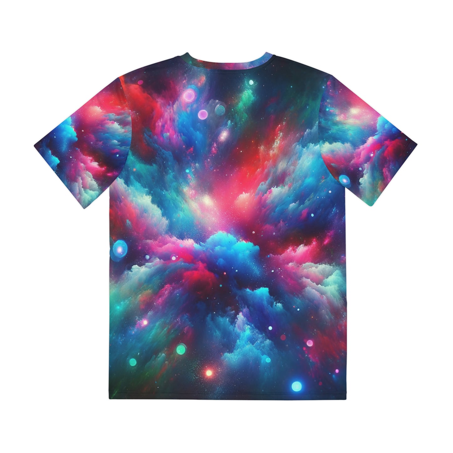 LuckeLadybug galaxy neon abstract t-shirt featuring a vibrant cosmic design with colorful clouds and stars