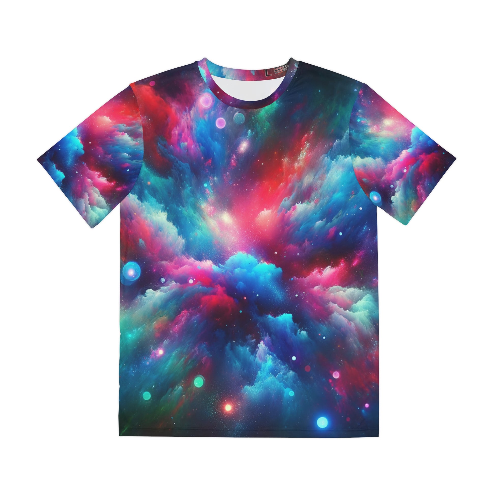 LuckeLadybug galaxy neon abstract t-shirt featuring a vibrant cosmic design with colorful swirls and stars