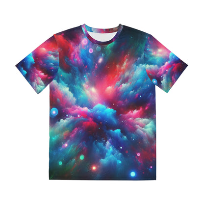 LuckeLadybug galaxy neon abstract t-shirt featuring a vibrant cosmic design with colorful swirls and stars