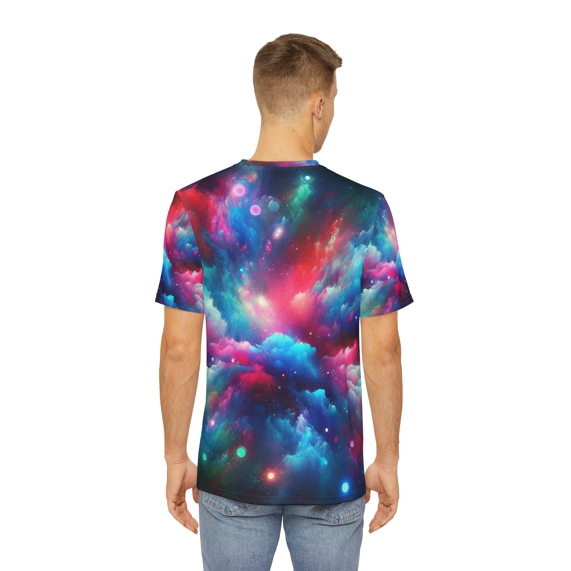 Man wearing a galaxy neon abstract t-shirt featuring a vibrant cosmic design in multiple colors