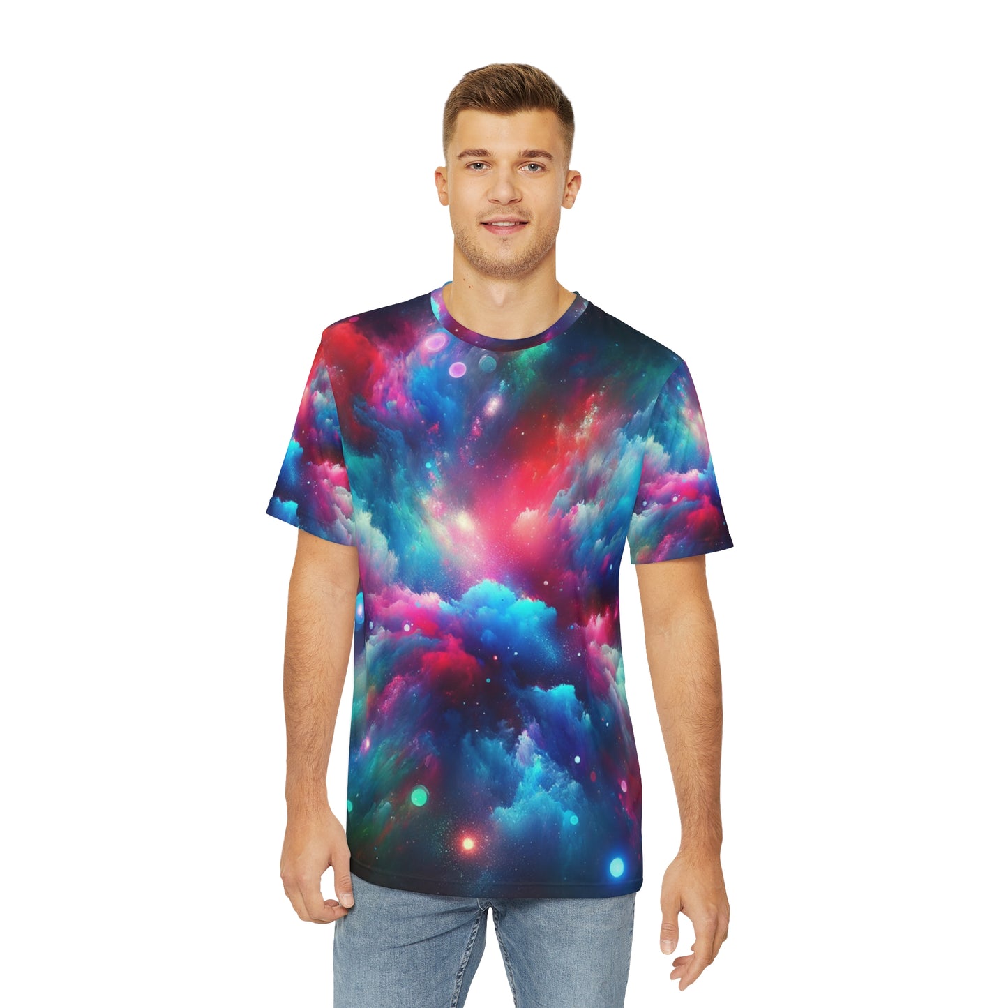 LuckeLadybug galaxy neon abstract t-shirt featuring vibrant cosmic colors and patterns