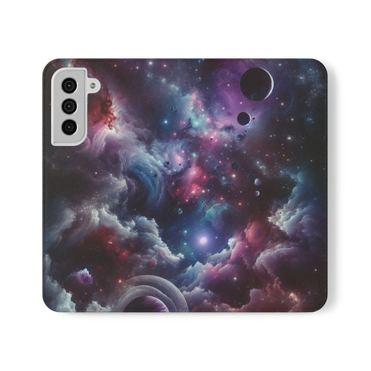 LuckeLadybug galaxy phone case flip cover featuring colorful cosmic space design with planets and stars