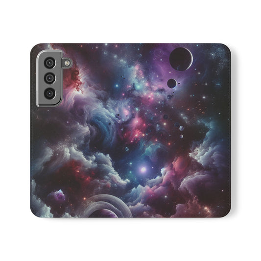 phone flip case with vibrant galaxy phone case design featuring stars and planets