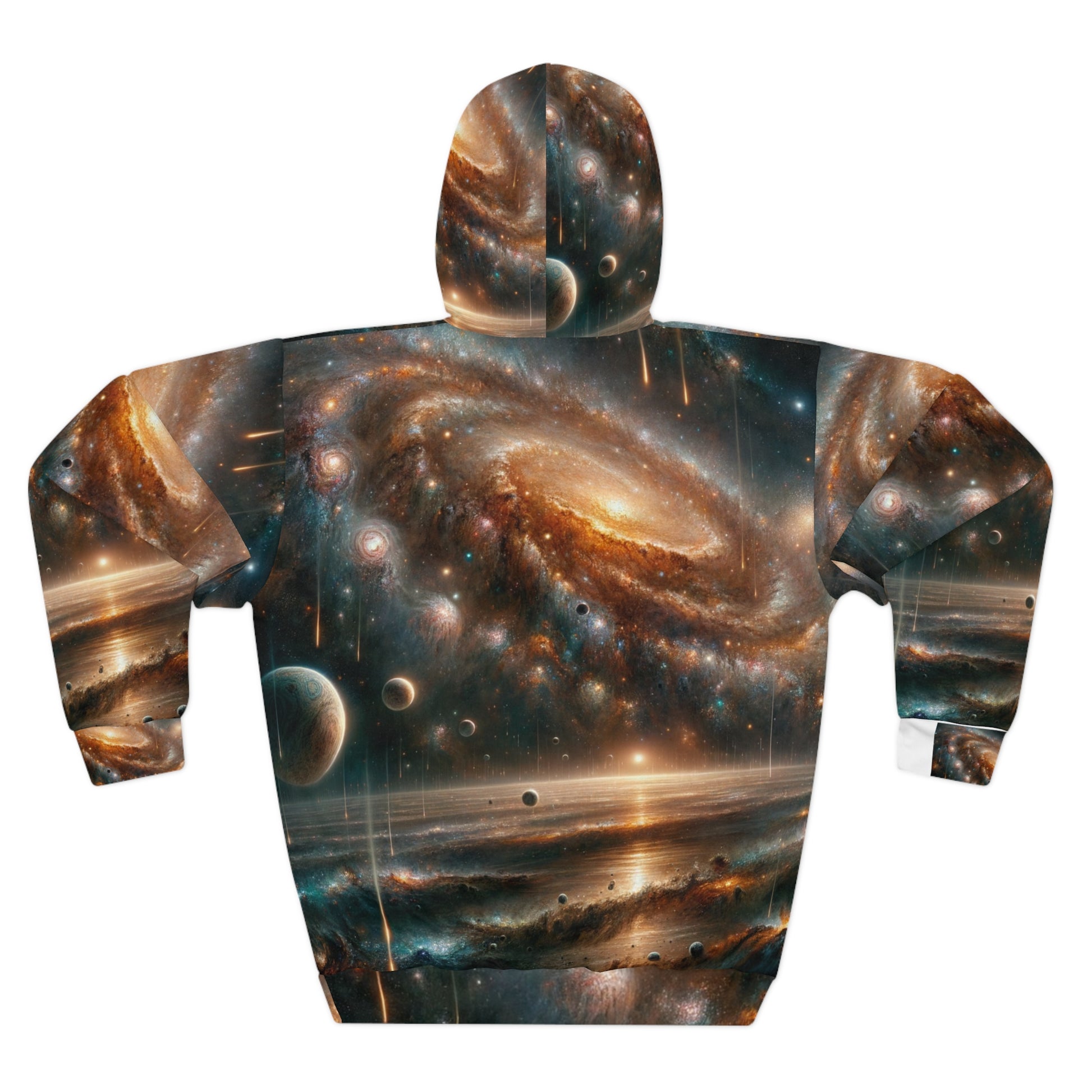 LuckeLadybug galaxy print hoodie for men featuring a detailed cosmic design with planets and stars