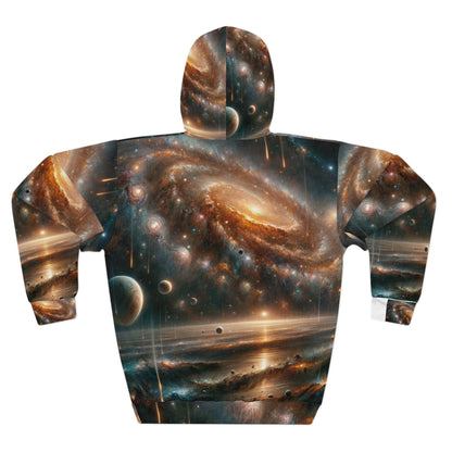 LuckeLadybug galaxy print hoodie for men featuring a detailed cosmic design with planets and stars