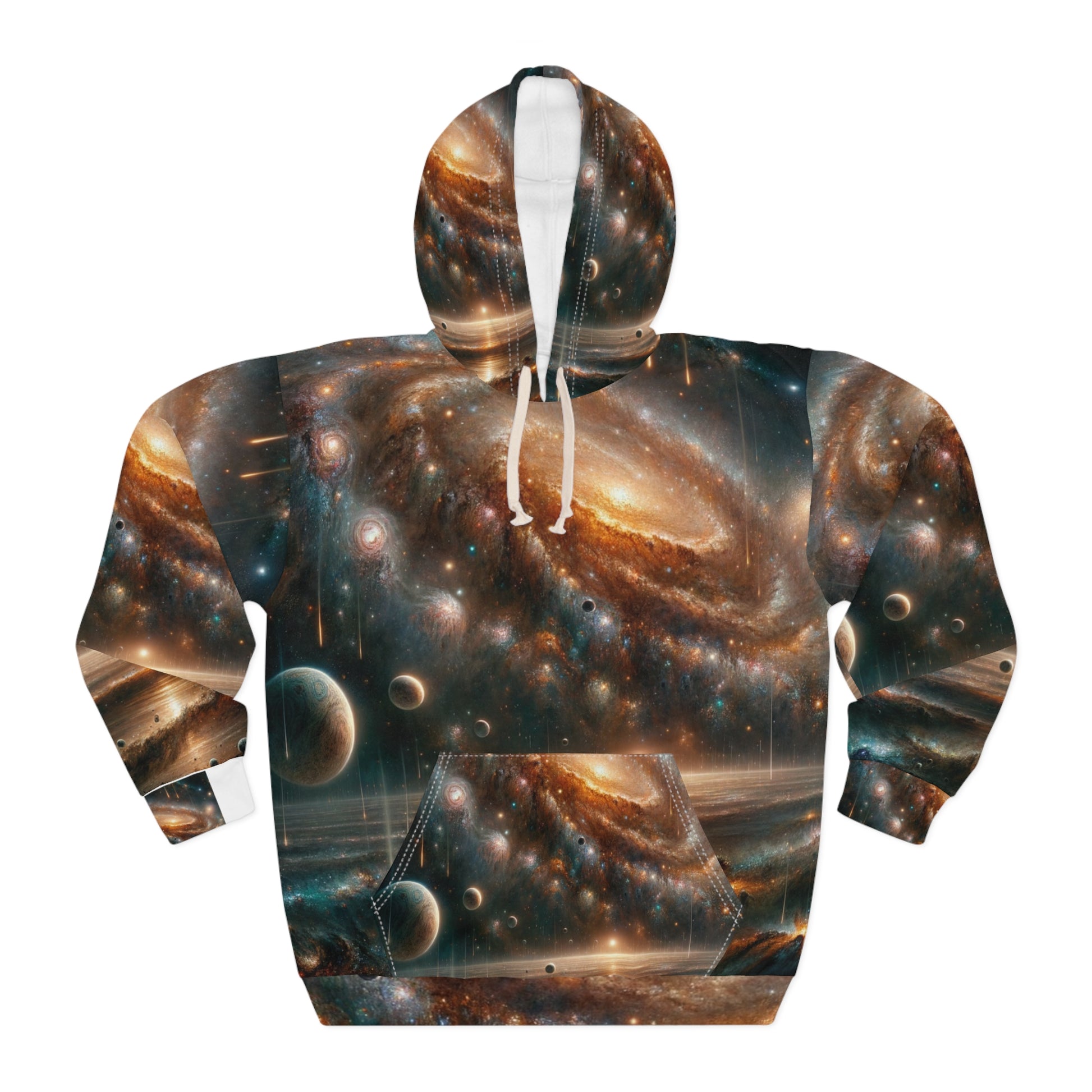 Galaxy print hoodie for men by LuckeLadybug with vibrant space and planet design on front and hood