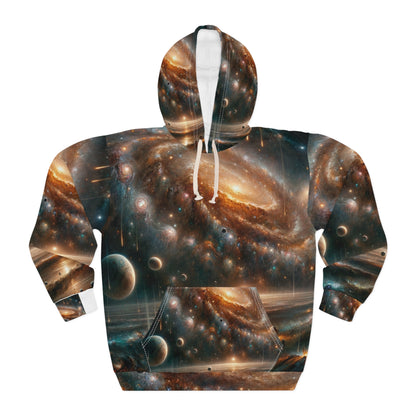 Galaxy print hoodie for men by LuckeLadybug with vibrant space and planet design on front and hood