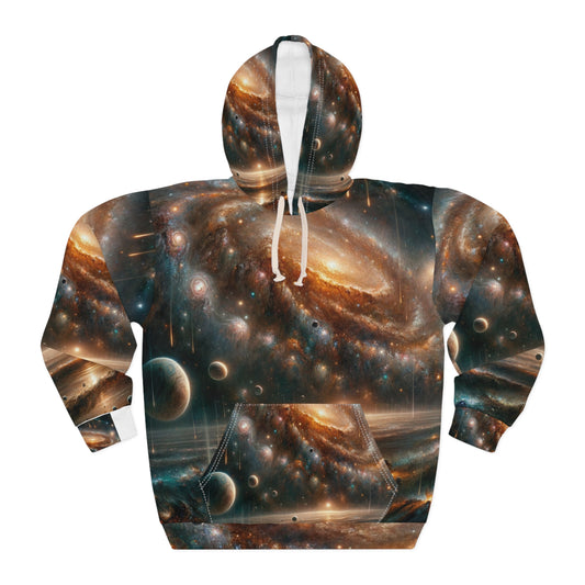 Galaxy print hoodie for men by LuckeLadybug with vibrant space and planet design on front and hood