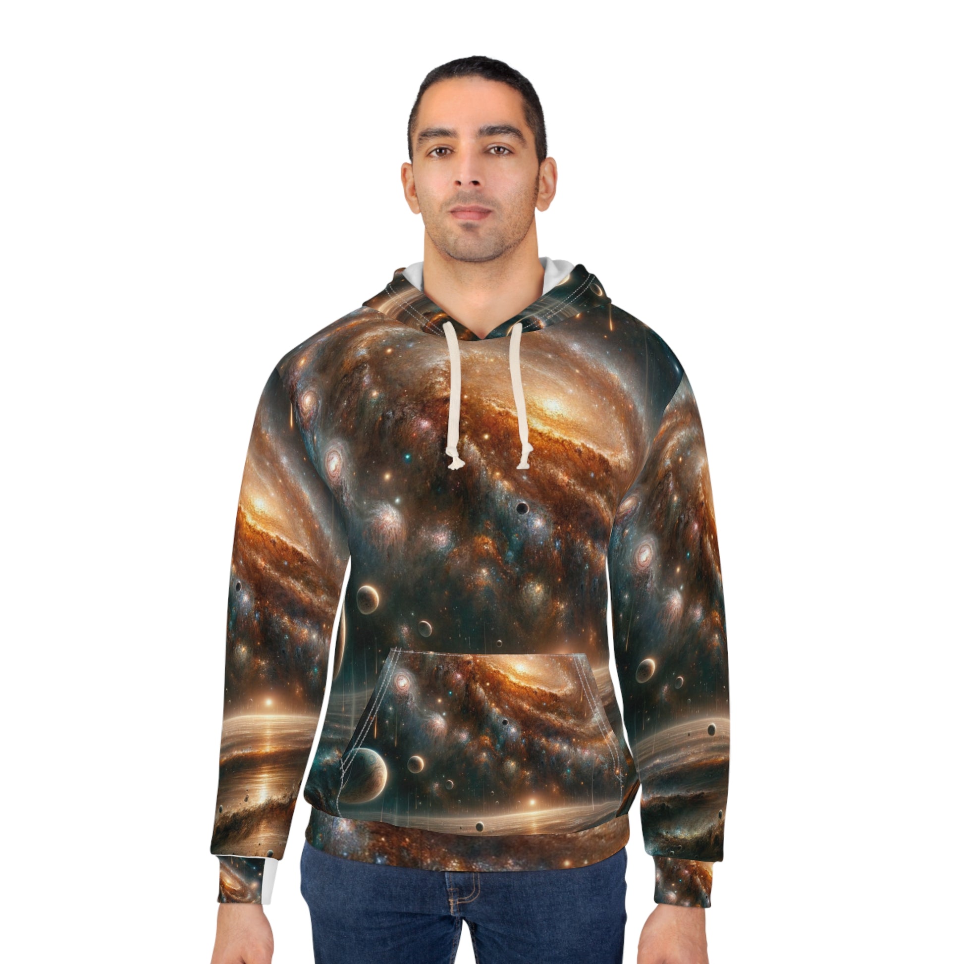 Galaxy print hoodie for men by LuckeLadybug featuring a vibrant space design with planets and stars