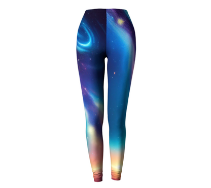 luckeladybug galaxy print leggings featuring vibrant blue and purple cosmic design with stars and nebula
