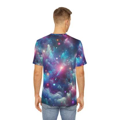 Back view of galaxy print mens shirt featuring vibrant cosmic design on a LuckeLadybug t-shirt