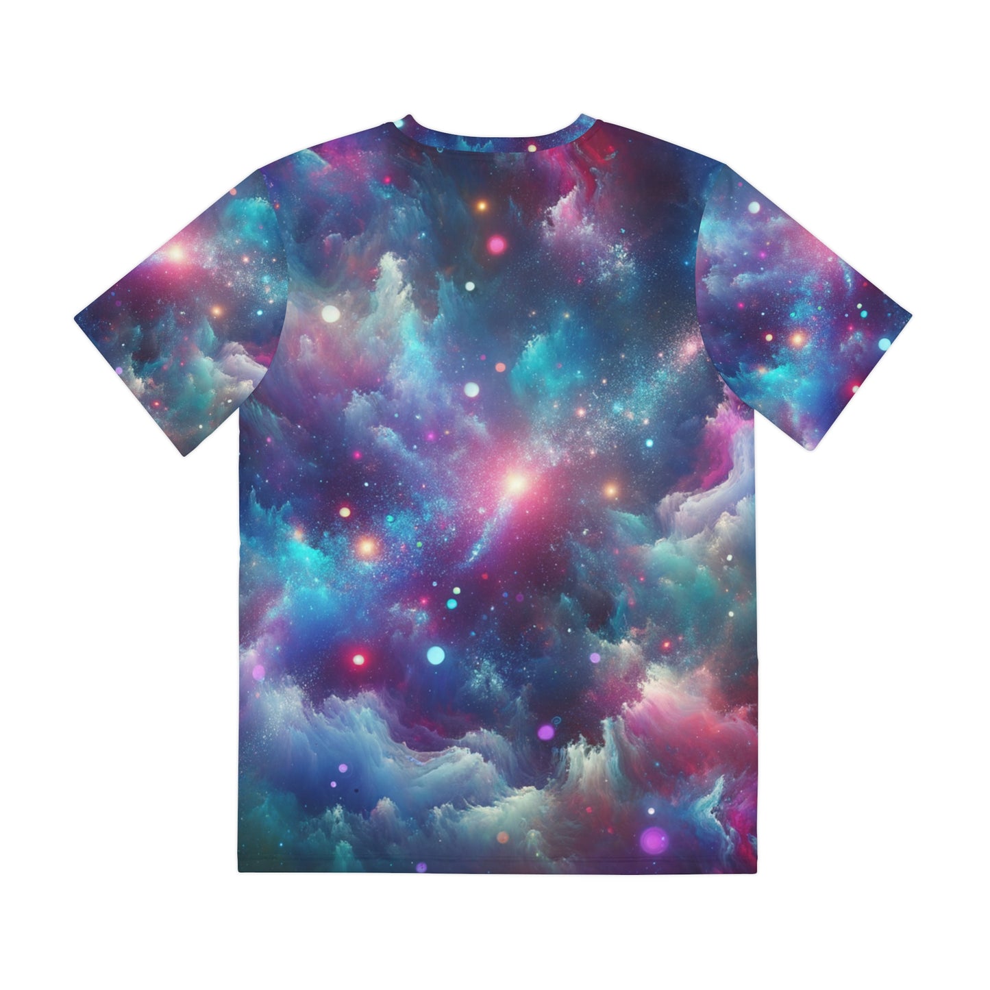 LuckeLadybug galaxy print mens shirt with vibrant cosmic and nebula design on back
