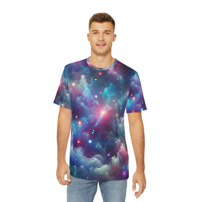 Galaxy print mens shirt with vibrant cosmic design worn by a man in blue jeans