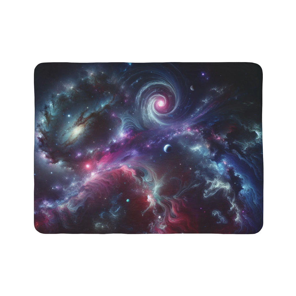 galaxy sherpa blanket with vibrant swirling space design featuring stars and planets