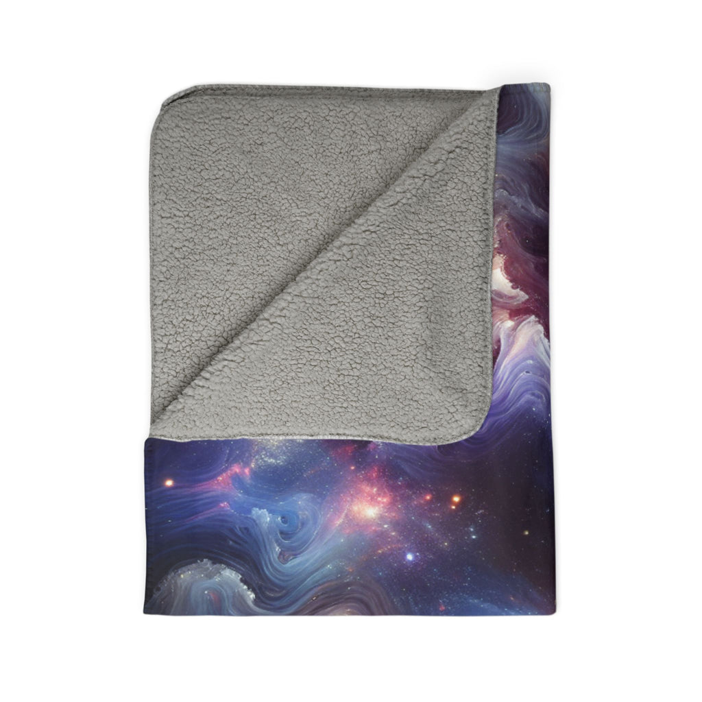 Galaxy sherpa blanket with soft gray fleece lining and vibrant space-themed design