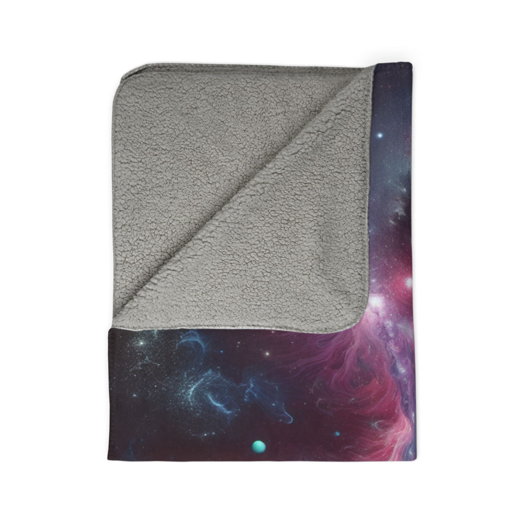 galaxy sherpa blanket with soft gray fleece backing and vibrant space design