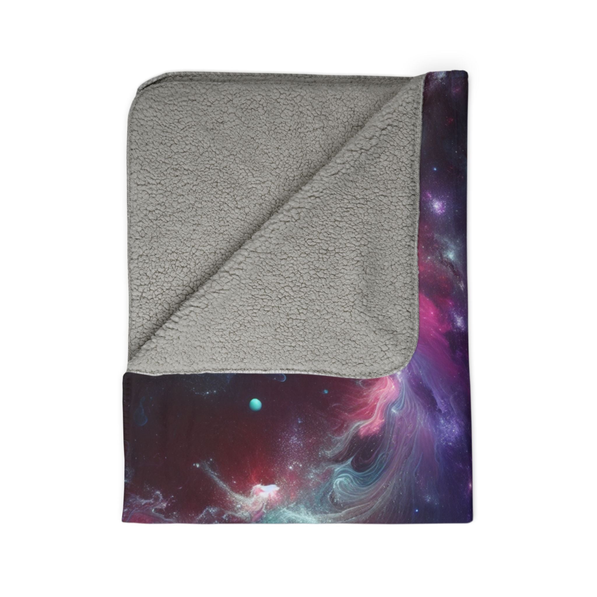 galaxy sherpa blanket with soft gray sherpa lining and vibrant colorful galaxy design