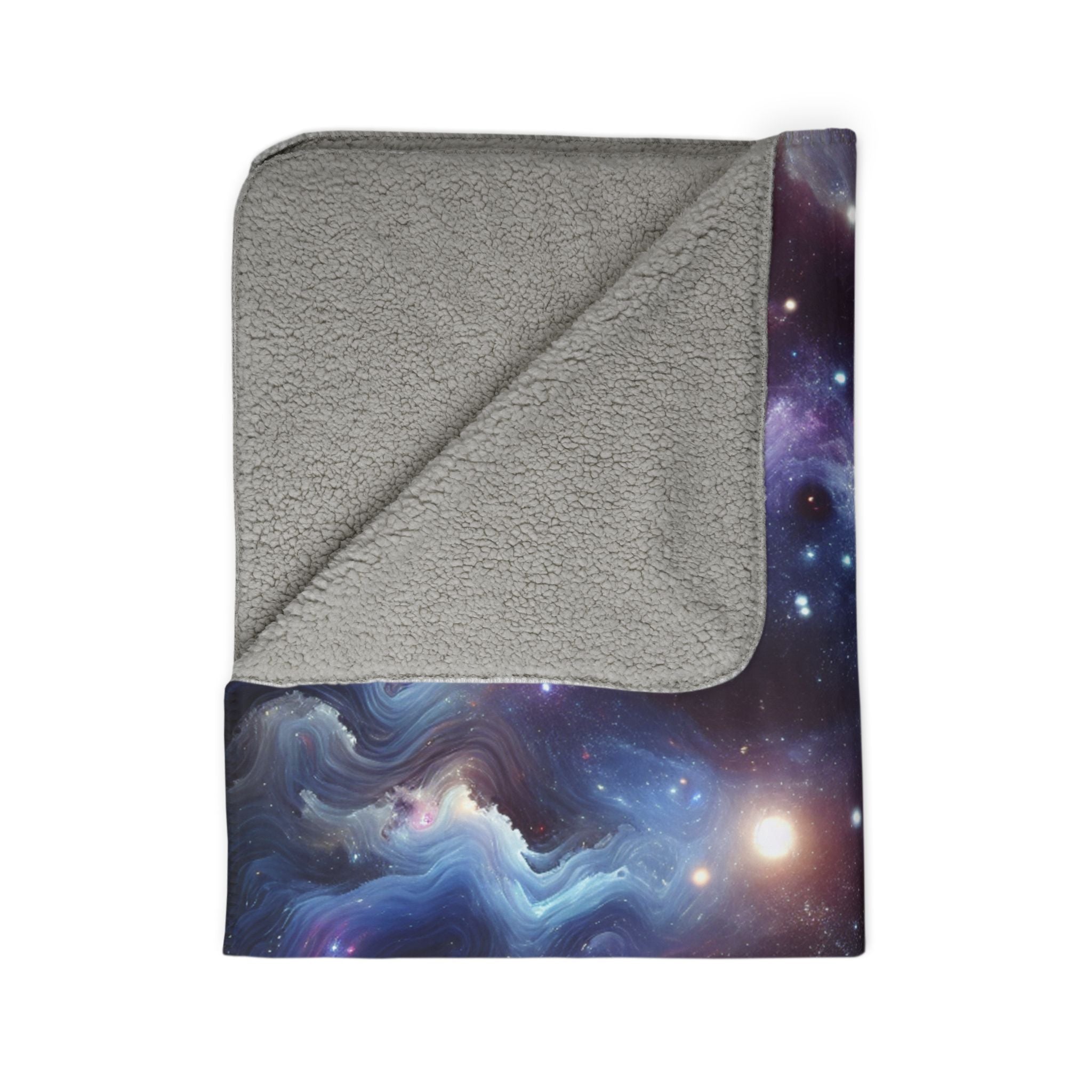 LuckeLadybug galaxy sherpa blanket with soft gray sherpa lining and vibrant galaxy print
