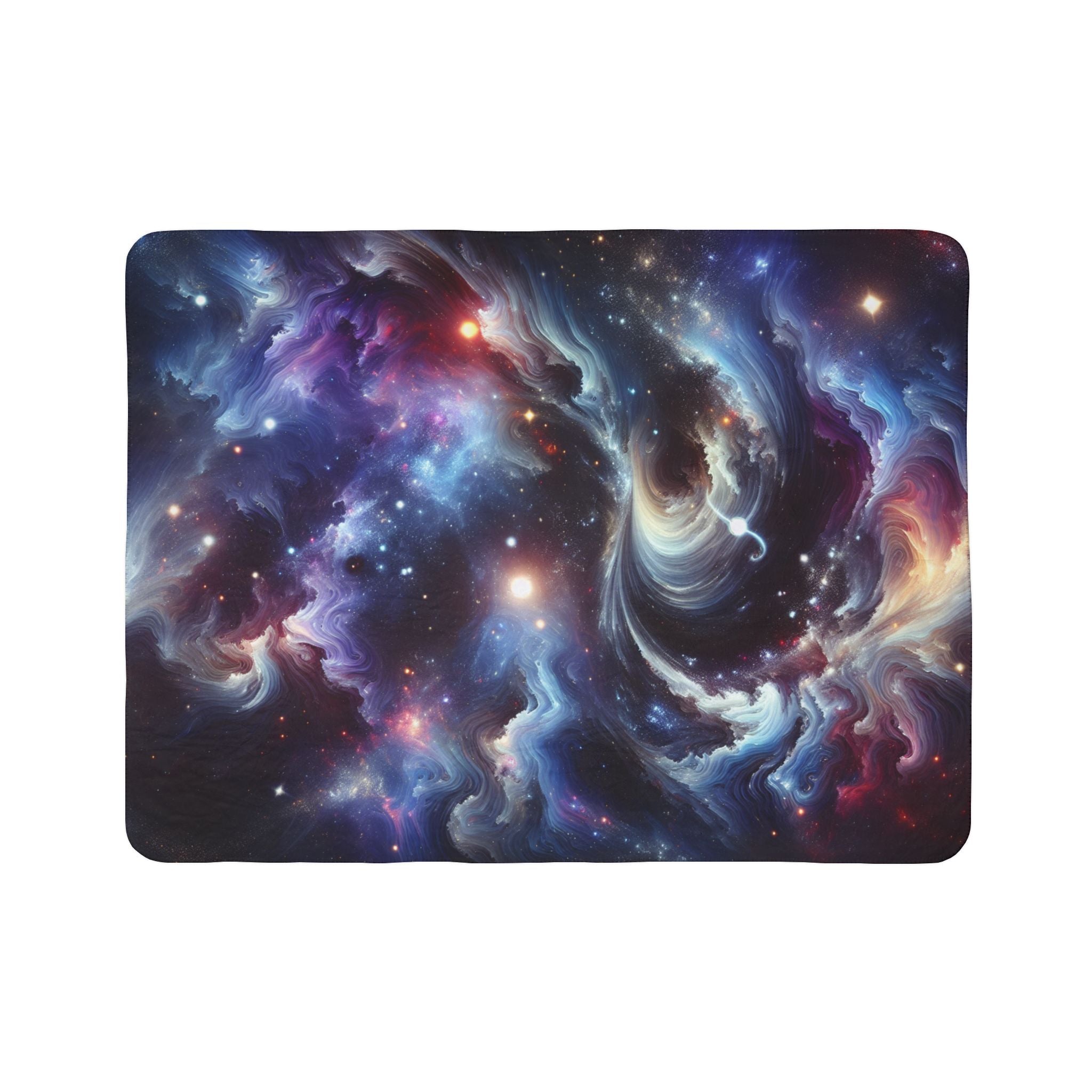 LuckeLadybug galaxy sherpa blanket featuring vibrant cosmic patterns with stars and swirling nebulae