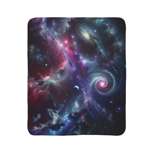 galaxy sherpa blanket with vibrant cosmic design and swirling stars for cozy warmth