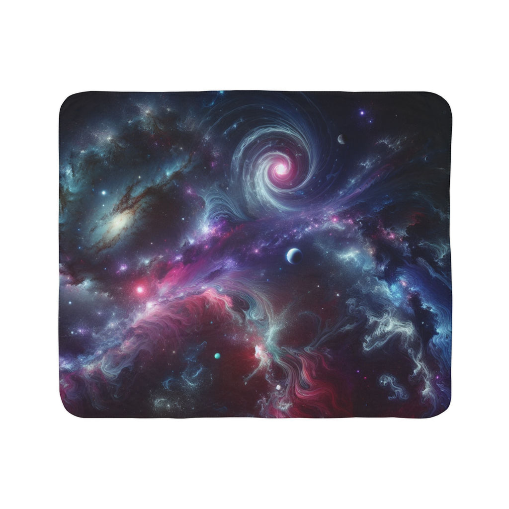 galaxy sherpa blanket with vibrant cosmic swirl and starry night design for cozy warmth