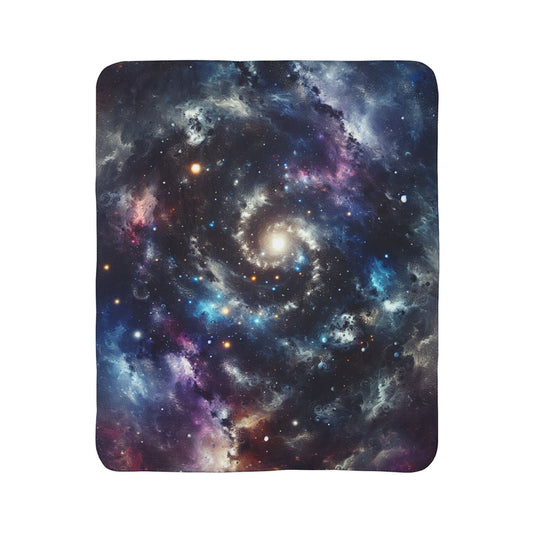 LuckeLadybug galaxy sherpa blanket with vibrant swirling space design in blues and purples