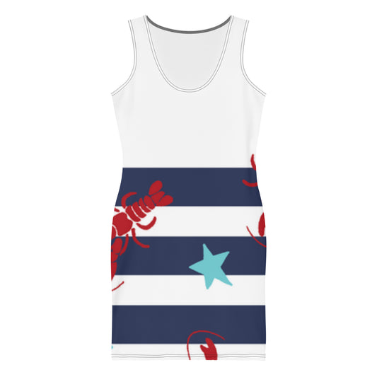 LuckeLadybug beach bodycon dress with navy stripes and red lobster print for summer wear
