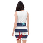 LuckeLadybug beach bodycon dress with navy stripes and red lobster design, sleeveless and fitted style