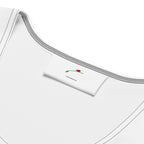 Close-up of LuckeLadybug white beach bodycon dress neckline with brand label and stitching details