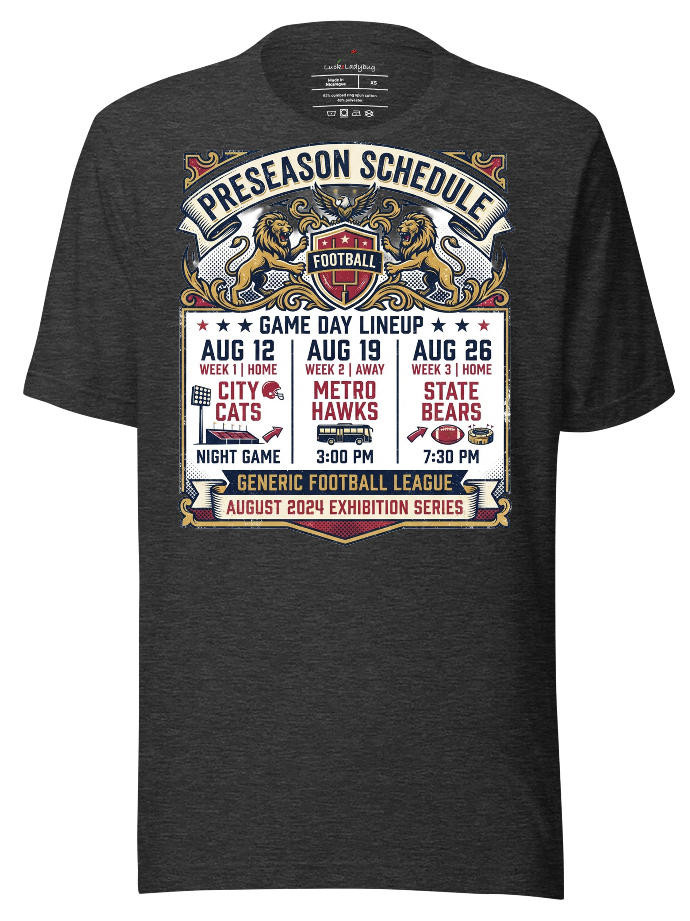 LuckeLadybug LLC Preseason Schedule T-Shirt featuring major league baseball game day graphics