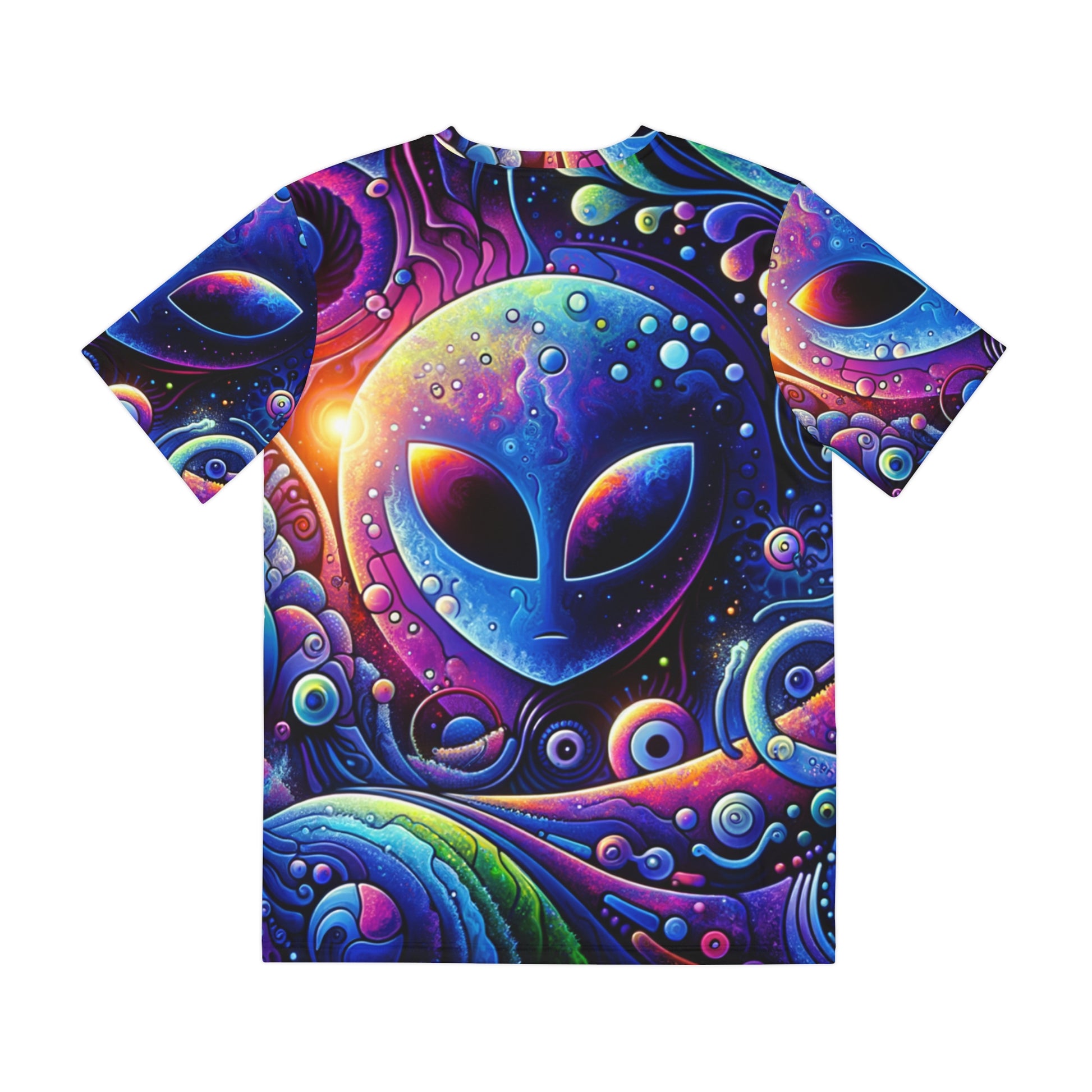 LuckeLadybug neon alien graphic tee with vibrant cosmic and alien design in bright colors