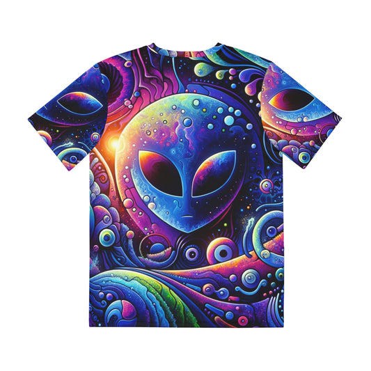 LuckeLadybug neon alien graphic tee with vibrant cosmic and alien design in bright colors