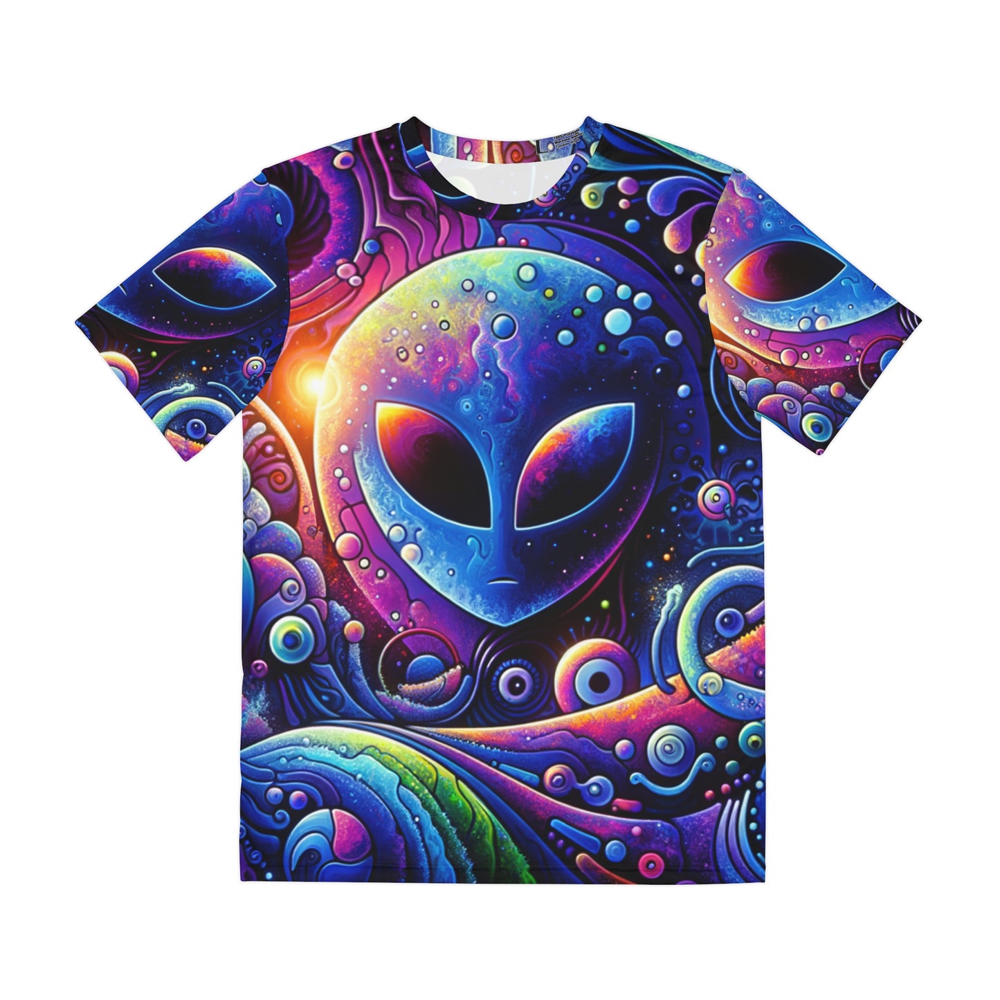 LuckeLadybug neon alien graphic tee with vibrant colorful cosmic alien face design