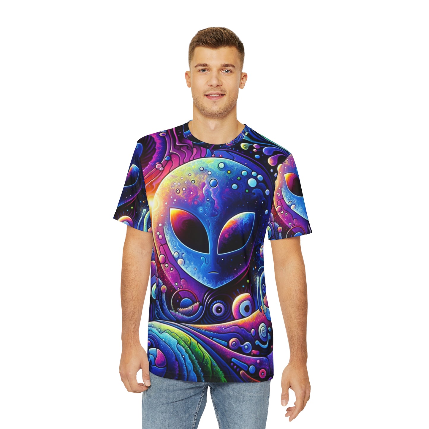 LuckeLadybug neon alien graphic tee with vibrant colorful alien face design on a short sleeve t-shirt