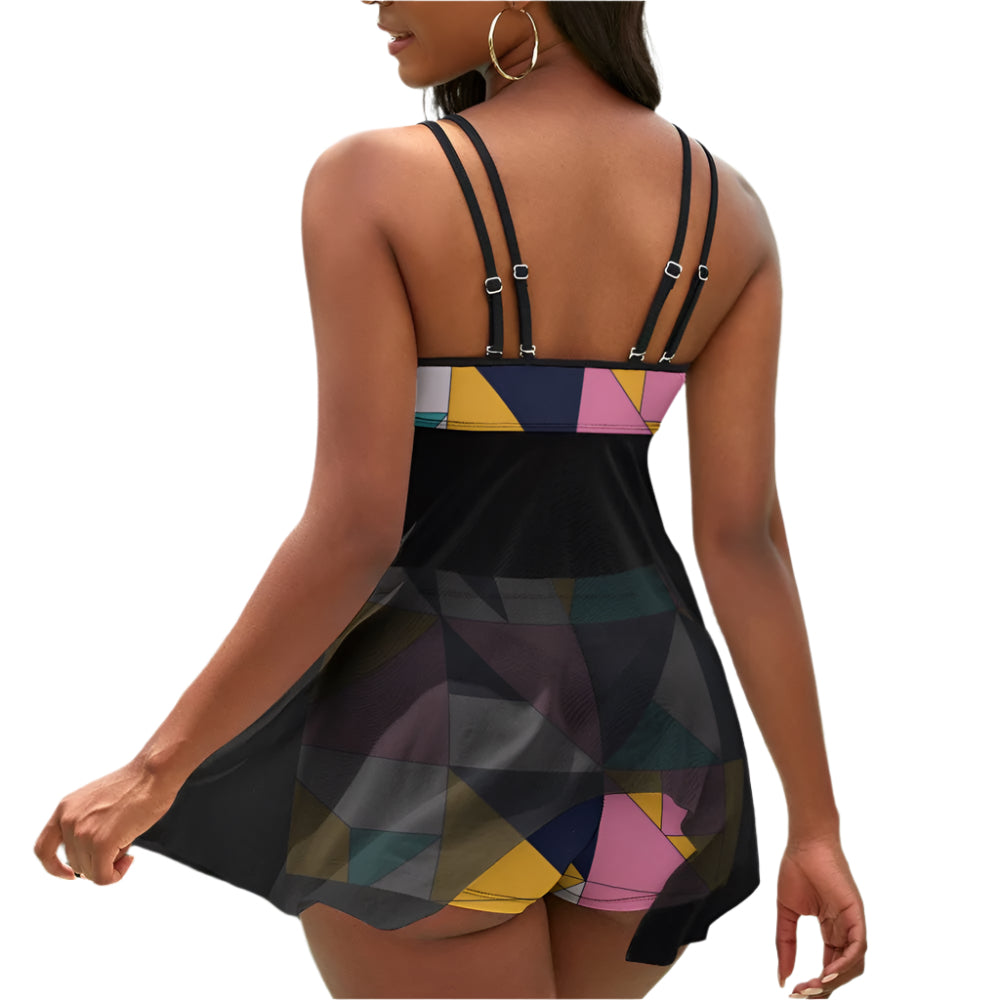 Back view of geometric 90s swimsuit set featuring multicolor shapes and double shoulder straps