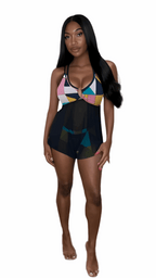 luckeladybug geometric 90s swimsuit set with colorful geometric top and black mesh cover-up shorts