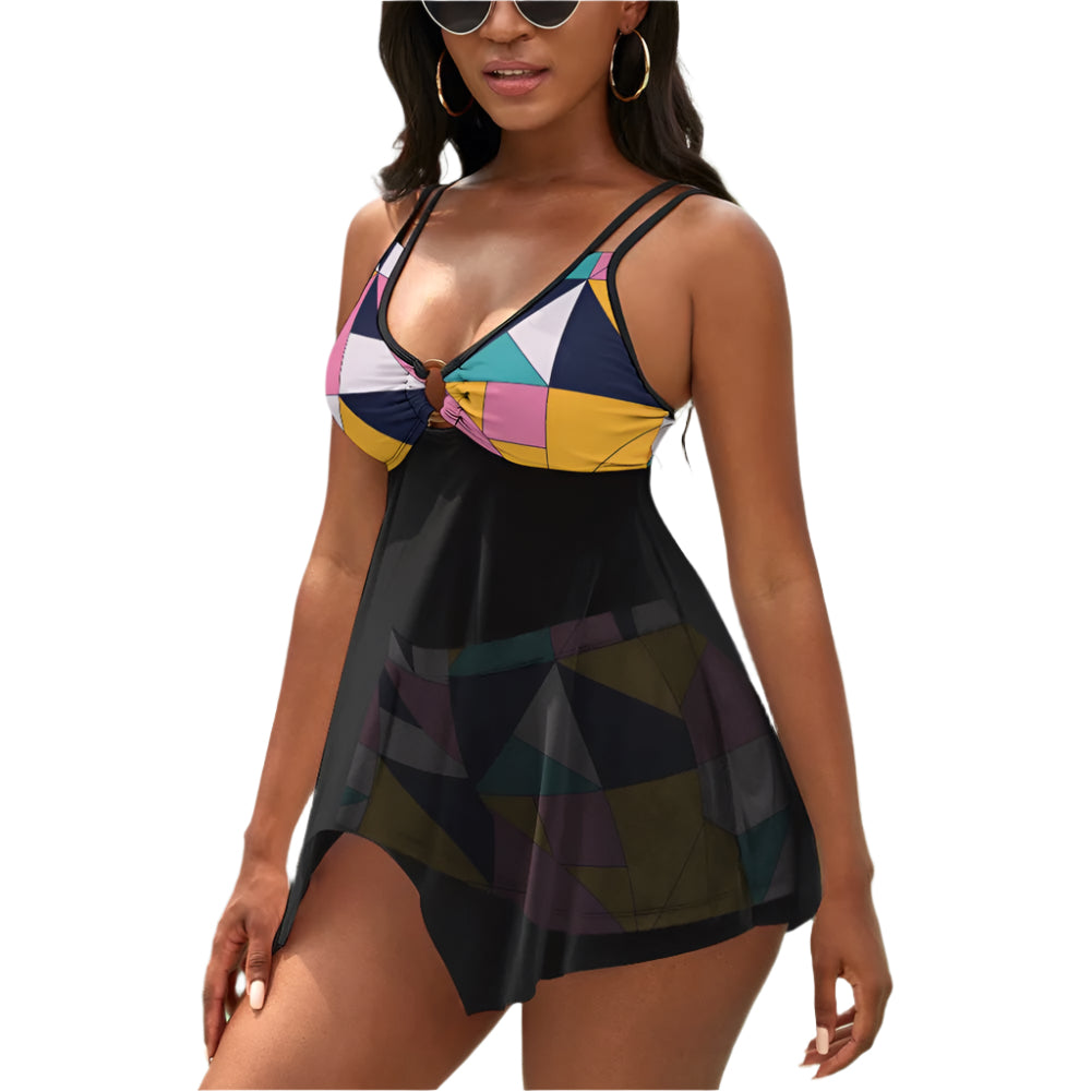 luckeladybug geometric 90s swimsuit set with colorful triangle pattern and black skirted bottom
