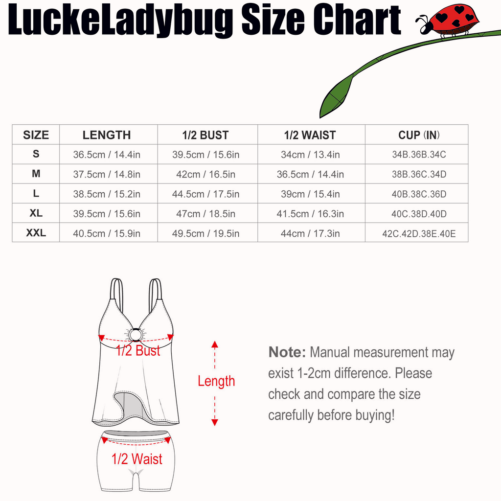 luckeladybug size chart for geometric 90s swimsuit set with measurements for bust waist length and cup sizes