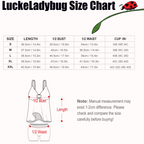 luckeladybug size chart for geometric 90s swimsuit set with measurements for bust waist length and cup sizes