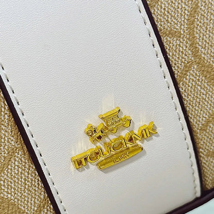 LuckeLadybug geometric pattern women's hobo bag featuring a stylish logo detail on a cream background