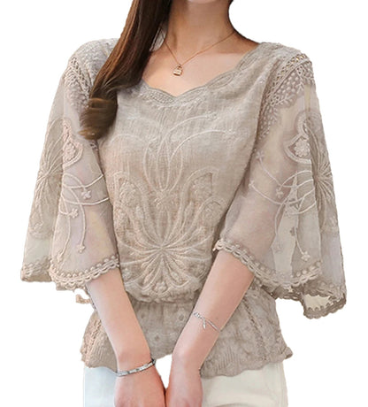 Elegant butterfly flower blouse in light beige with intricate embroidery and bell sleeves