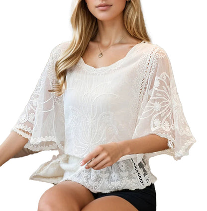 Elegant butterfly flower blouse in sheer white fabric with intricate floral details, perfect for casual wear