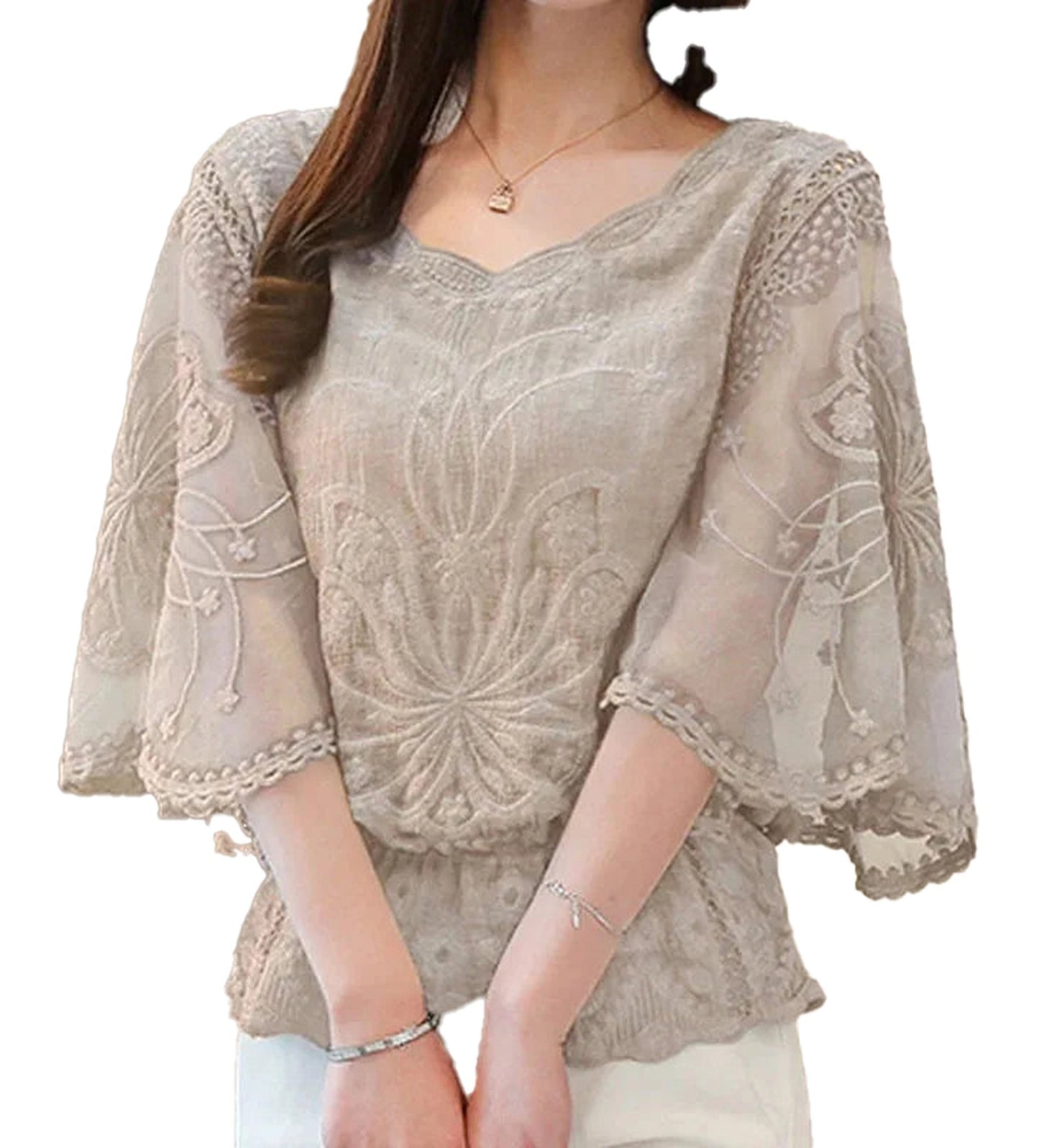 Elegant flower lace half sleeve blouse in a light beige color with intricate floral designs