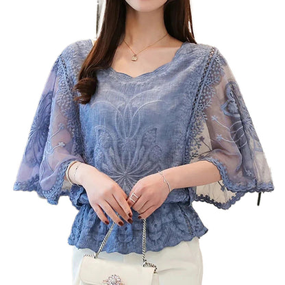 Elegant flower lace half sleeve blouse in soft blue with intricate floral detailing