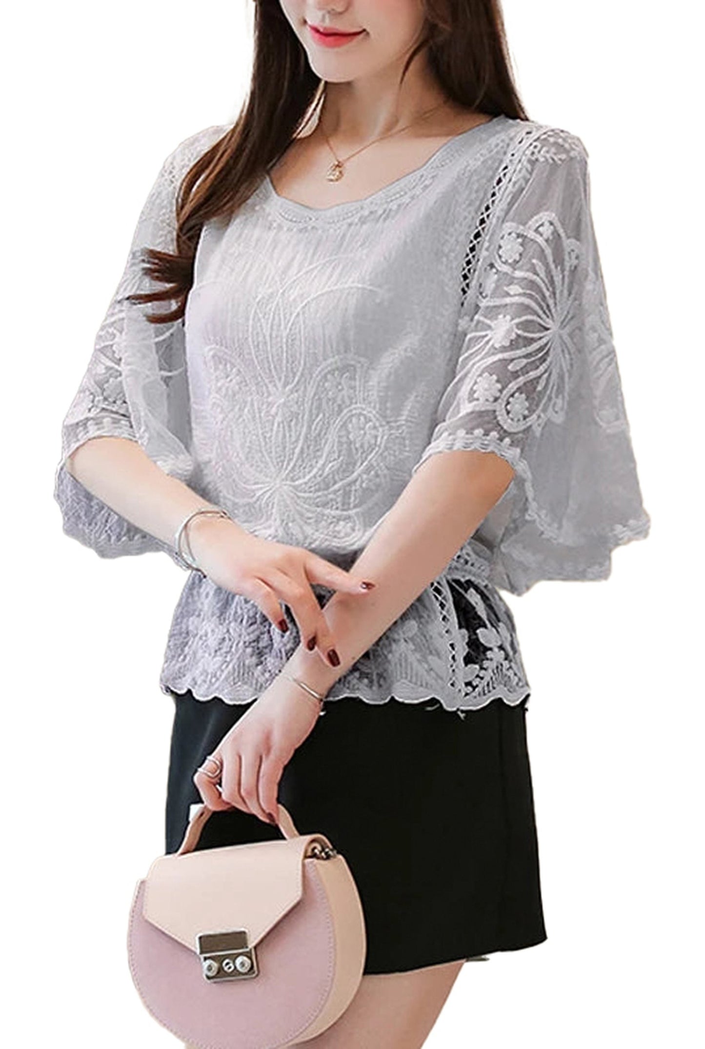 Elegant flower lace half sleeve blouse in light gray, perfect for stylish summer outfits.