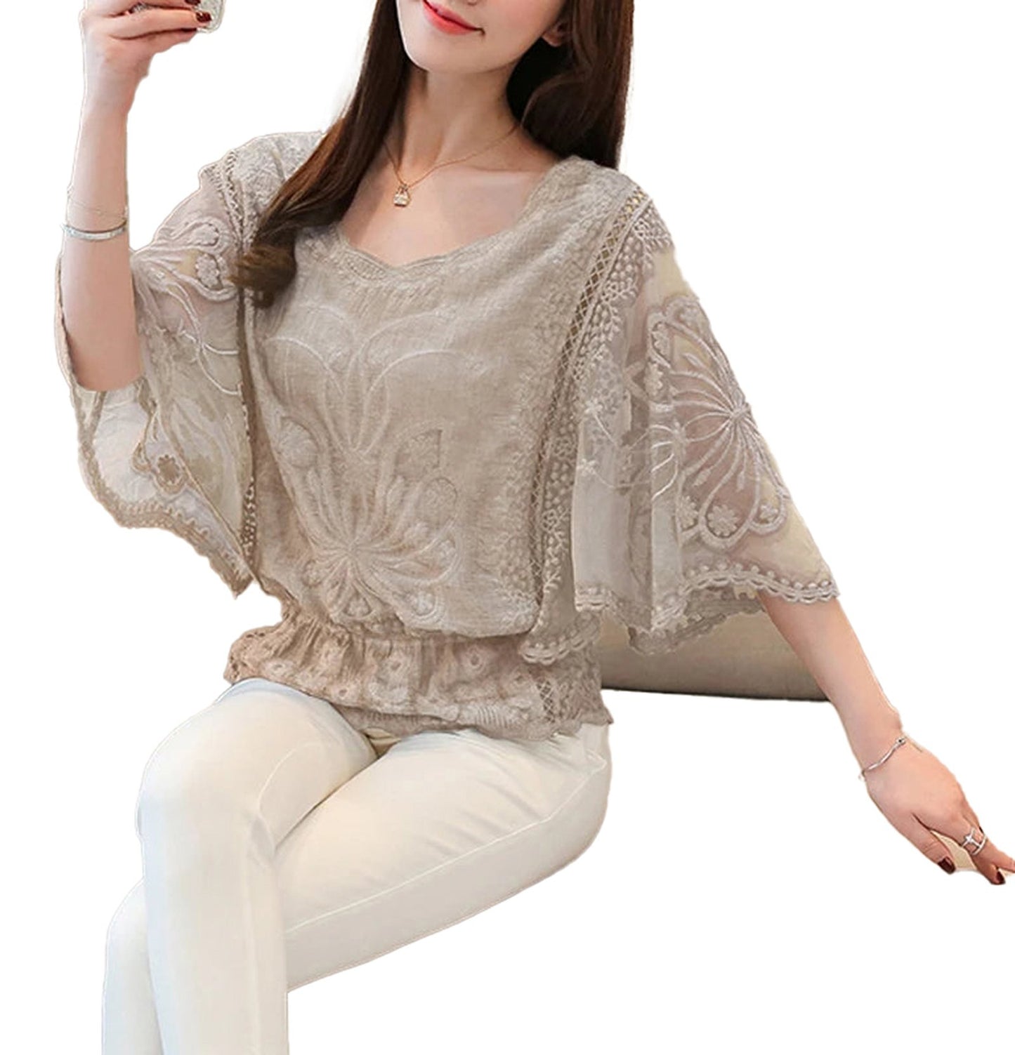 Elegant flower lace half sleeve blouse in beige with a flowy design, perfect for casual or dressy occasions