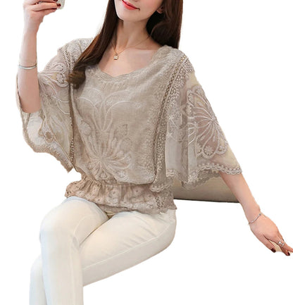 Elegant flower lace half sleeve blouse in beige with a flowy design, perfect for casual or dressy occasions