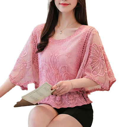 LuckeLadybug LLC elegant flower lace half sleeve blouse in soft pink with intricate floral designs