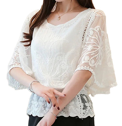Elegant flower lace half sleeve blouse in white featuring intricate floral details and a flattering fit