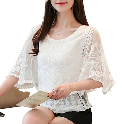 LuckeLadybug LLC elegant flower lace half sleeve blouse in white, perfect for a stylish casual look.